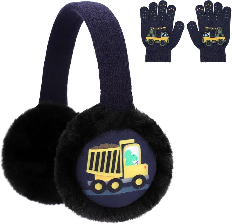 BUTITNOW Boys Truck Ball Game Controller Excavator Earmuffs & Gloves Set, Soft Plush Comfortable Winter Outdoor Ear Warmers - Image 1